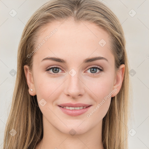 Joyful white young-adult female with long  brown hair and grey eyes