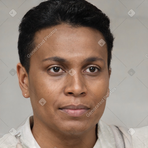 Joyful latino young-adult male with short  brown hair and brown eyes