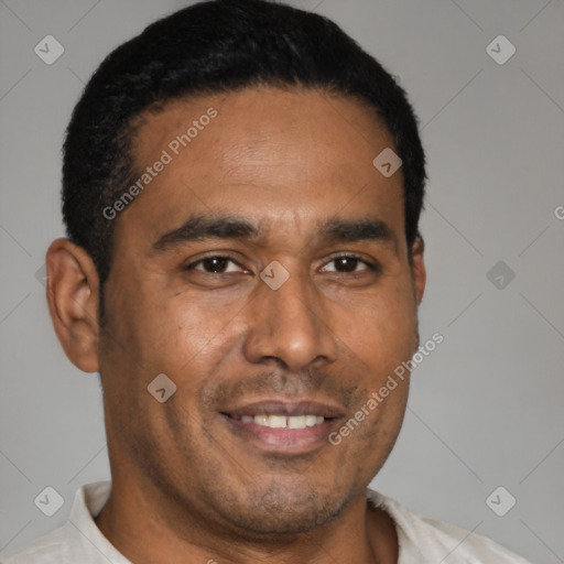 Joyful latino young-adult male with short  brown hair and brown eyes