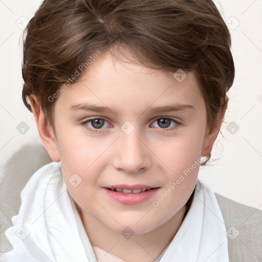 Joyful white child female with short  brown hair and brown eyes