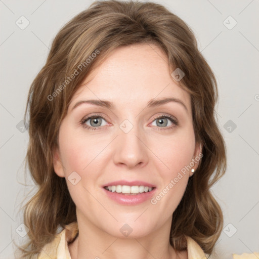 Joyful white young-adult female with medium  brown hair and green eyes