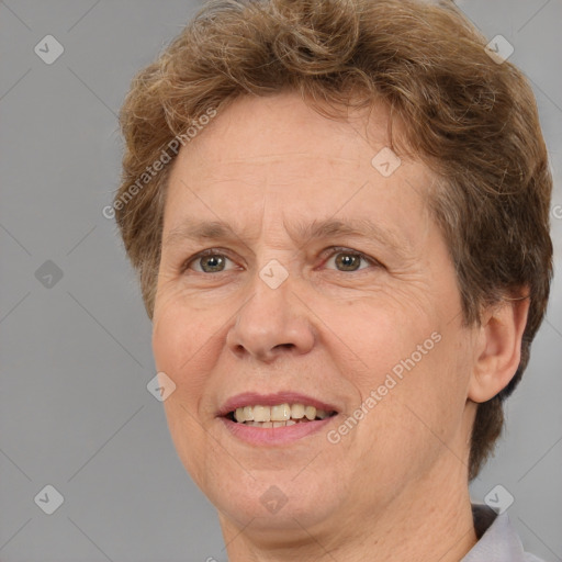 Joyful white adult female with short  brown hair and brown eyes