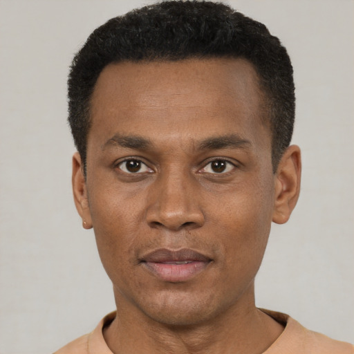 Neutral black young-adult male with short  black hair and brown eyes