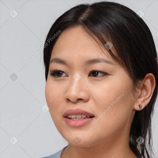 Joyful white young-adult female with medium  brown hair and brown eyes