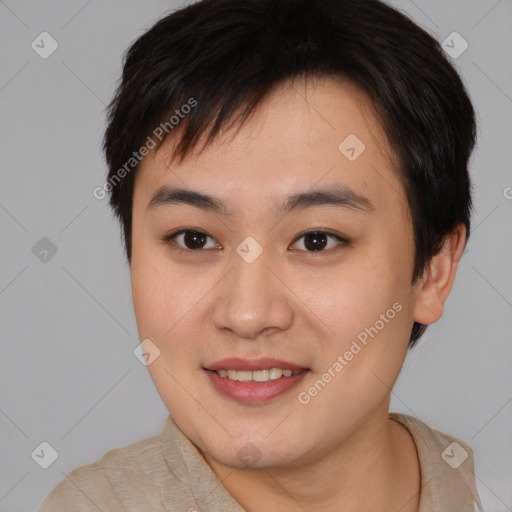 Joyful asian young-adult female with short  brown hair and brown eyes