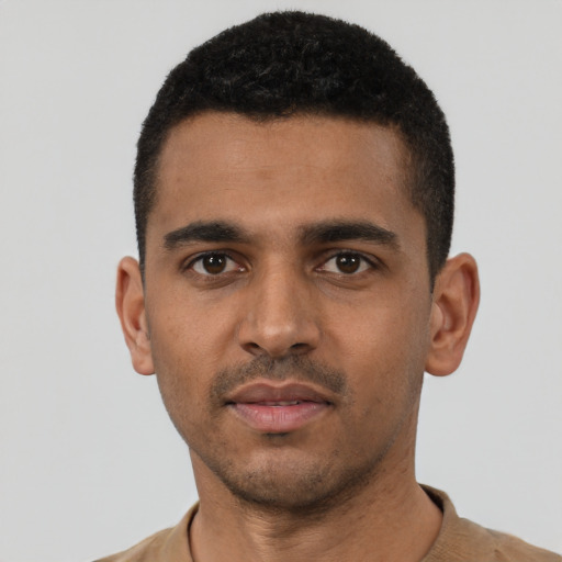 Neutral black young-adult male with short  black hair and brown eyes