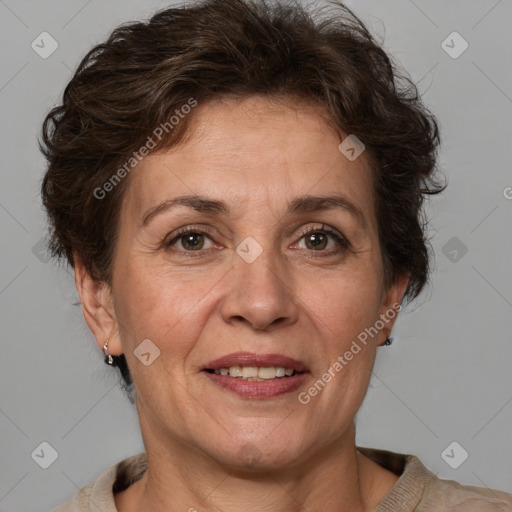 Joyful white adult female with short  brown hair and brown eyes