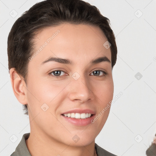 Joyful white young-adult female with short  brown hair and brown eyes