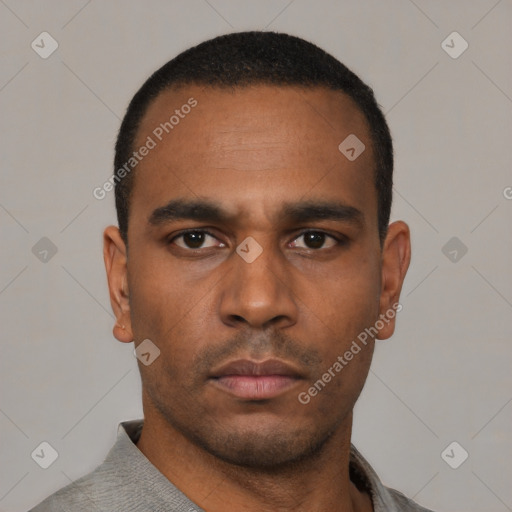 Neutral latino young-adult male with short  black hair and brown eyes