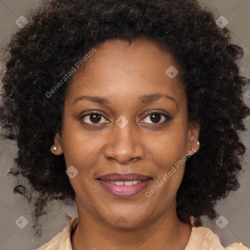 Joyful black young-adult female with medium  brown hair and brown eyes