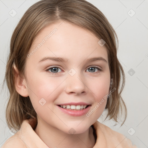 Joyful white child female with medium  brown hair and grey eyes