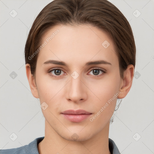 Neutral white young-adult female with short  brown hair and brown eyes