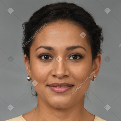 Joyful latino young-adult female with short  brown hair and brown eyes