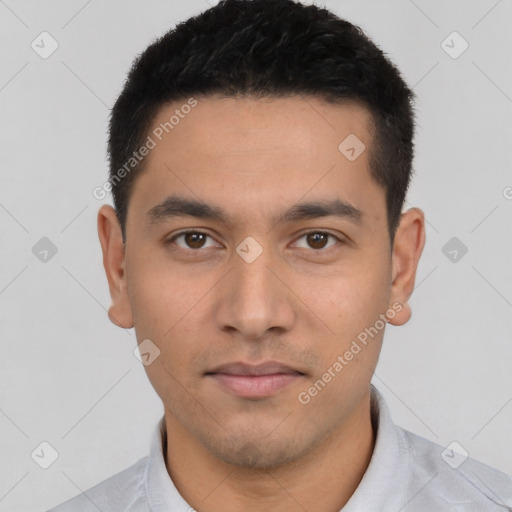 Neutral latino young-adult male with short  black hair and brown eyes