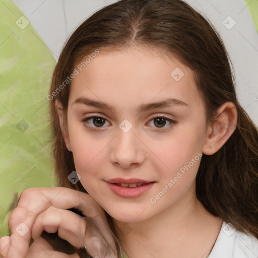 Joyful white child female with medium  brown hair and brown eyes