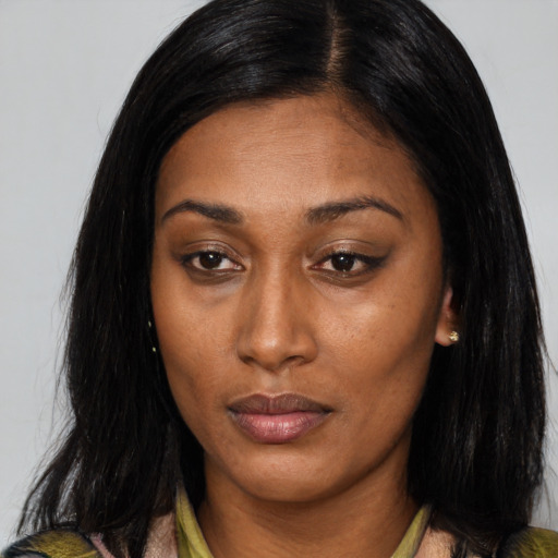 Neutral asian adult female with medium  brown hair and brown eyes