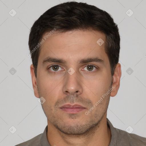 Neutral white young-adult male with short  brown hair and brown eyes