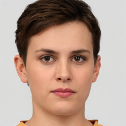 Neutral white young-adult female with short  brown hair and brown eyes