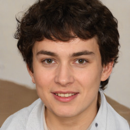 Joyful white young-adult male with medium  brown hair and brown eyes