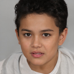 Joyful white child female with short  brown hair and brown eyes