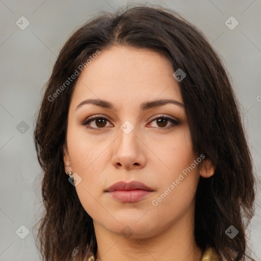 Neutral white young-adult female with long  brown hair and brown eyes