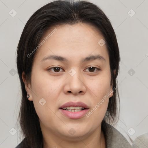 Joyful white young-adult female with medium  brown hair and brown eyes