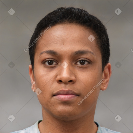 Neutral black young-adult female with short  brown hair and brown eyes