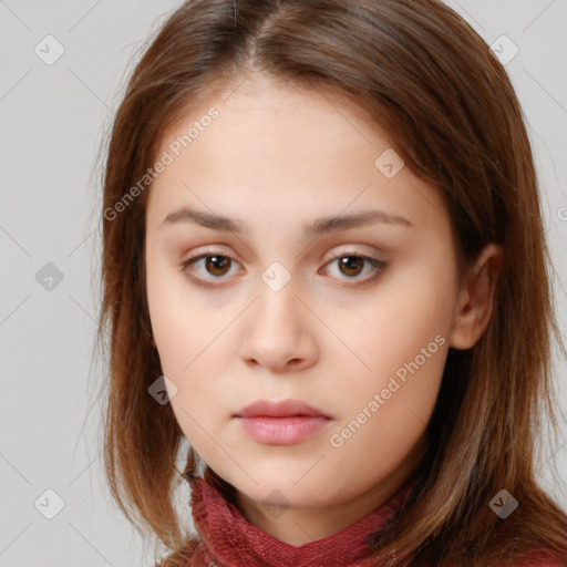 Neutral white young-adult female with medium  brown hair and brown eyes