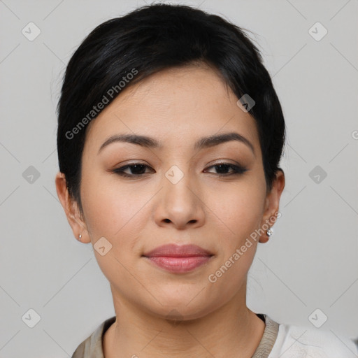 Joyful asian young-adult female with short  black hair and brown eyes