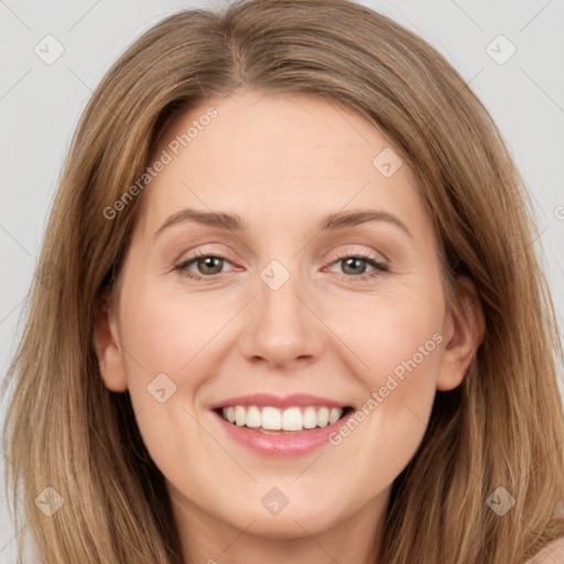 Joyful white young-adult female with long  brown hair and brown eyes