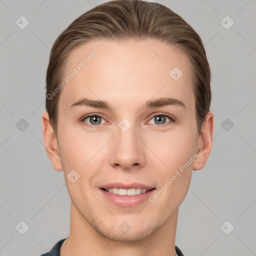 Joyful white young-adult female with short  brown hair and grey eyes