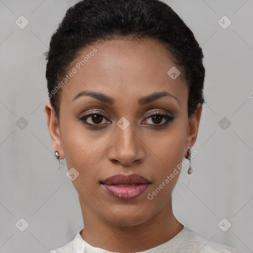 Joyful latino young-adult female with short  brown hair and brown eyes