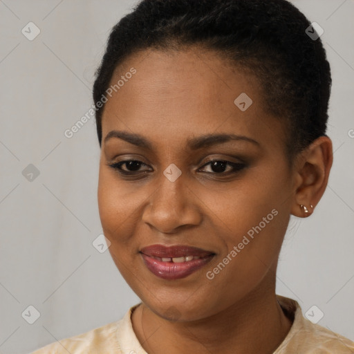 Joyful black young-adult female with short  brown hair and brown eyes