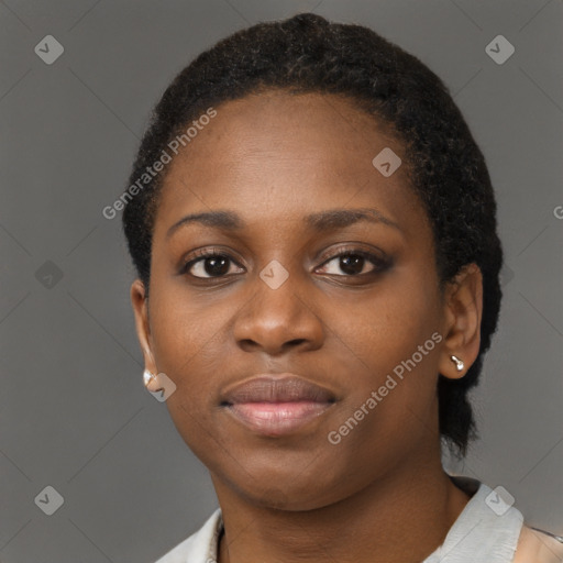 Neutral black young-adult female with short  brown hair and brown eyes