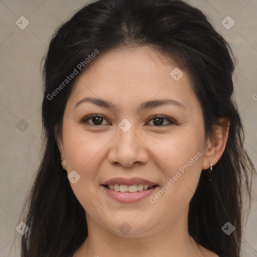 Joyful white young-adult female with long  brown hair and brown eyes