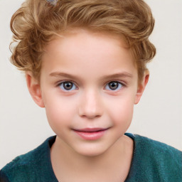 Joyful white child female with short  brown hair and grey eyes