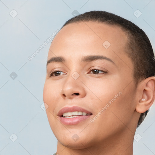 Joyful white young-adult female with short  brown hair and brown eyes