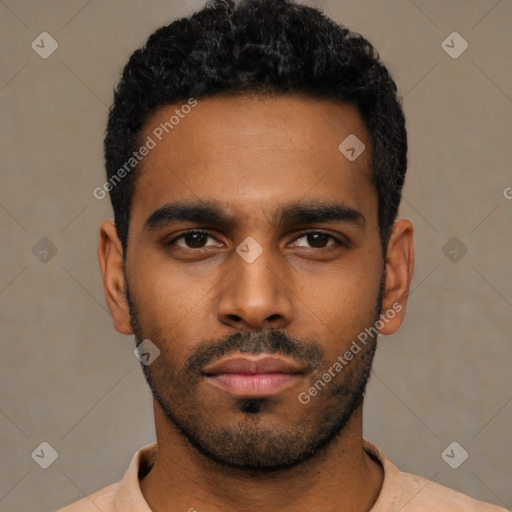 Neutral latino young-adult male with short  black hair and brown eyes