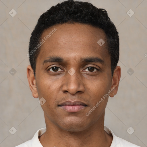 Neutral black young-adult male with short  black hair and brown eyes