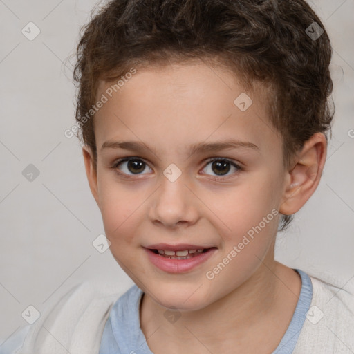 Joyful white child female with short  brown hair and brown eyes