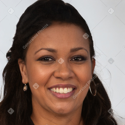 Joyful latino young-adult female with long  brown hair and brown eyes