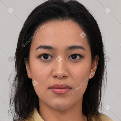 Neutral asian young-adult female with medium  brown hair and brown eyes