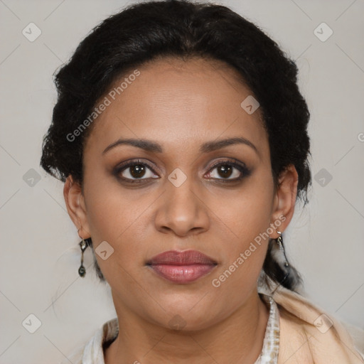 Joyful latino young-adult female with short  brown hair and brown eyes