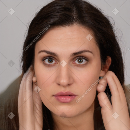 Neutral white young-adult female with long  brown hair and brown eyes