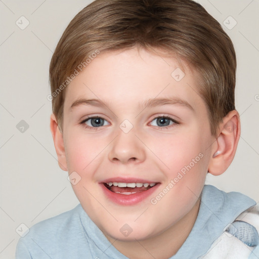 Joyful white child female with short  brown hair and brown eyes