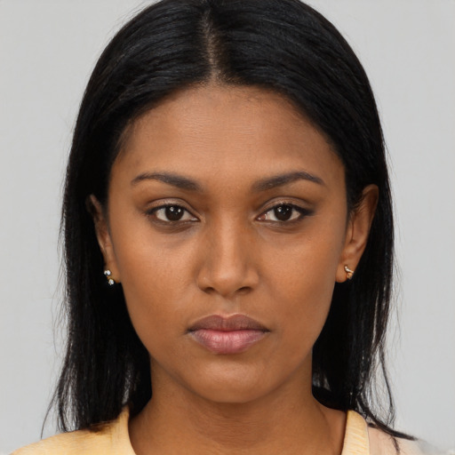 Neutral asian young-adult female with long  black hair and brown eyes