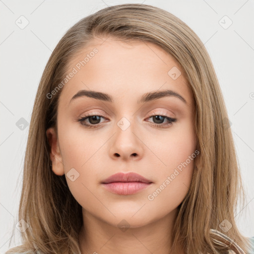 Neutral white young-adult female with long  brown hair and brown eyes