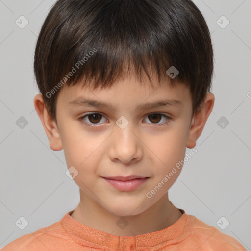 Joyful white child male with short  brown hair and brown eyes