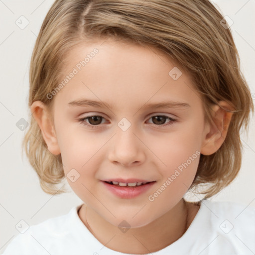 Joyful white child female with medium  brown hair and brown eyes