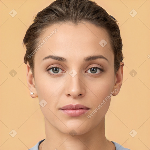 Neutral white young-adult female with short  brown hair and brown eyes